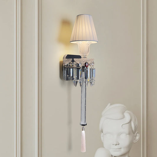 Elegant Pleated Shade Crystal Wall Sconce with Decorative Pendant