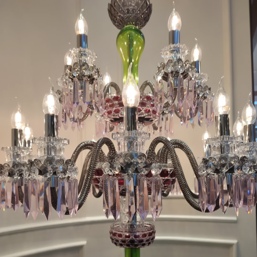 18-Light Amethyst & Yellow-Green Crystal Chandelier with Flannel Gray Shades