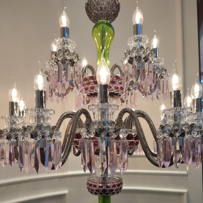 18-Light Amethyst & Yellow-Green Crystal Chandelier with Flannel Gray Shades