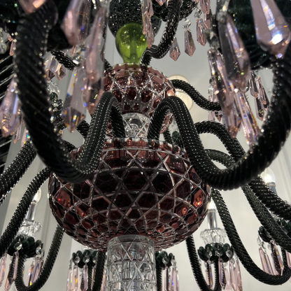 18-Light Amethyst & Yellow-Green Crystal Chandelier with Flannel Gray Shades