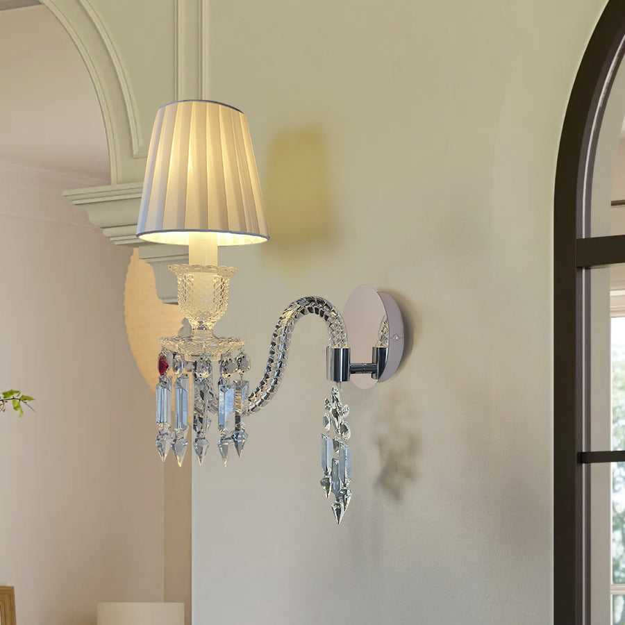 Luxury Crystal Wall Sconce with Pleated Fabric Shade – 1/2/3 Light Bedroom & Living Room Wall Light