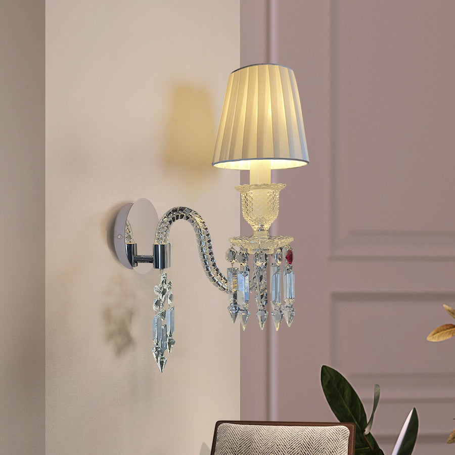 Luxury Crystal Wall Sconce with Pleated Fabric Shade – 1/2/3 Light Bedroom & Living Room Wall Light