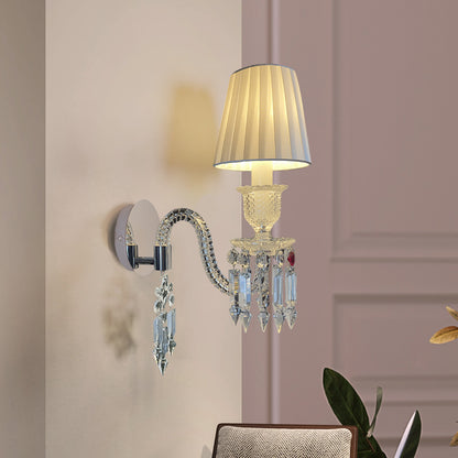 Luxury Crystal Wall Sconce with Pleated Fabric Shade – 1/2/3 Light Bedroom & Living Room Wall Light