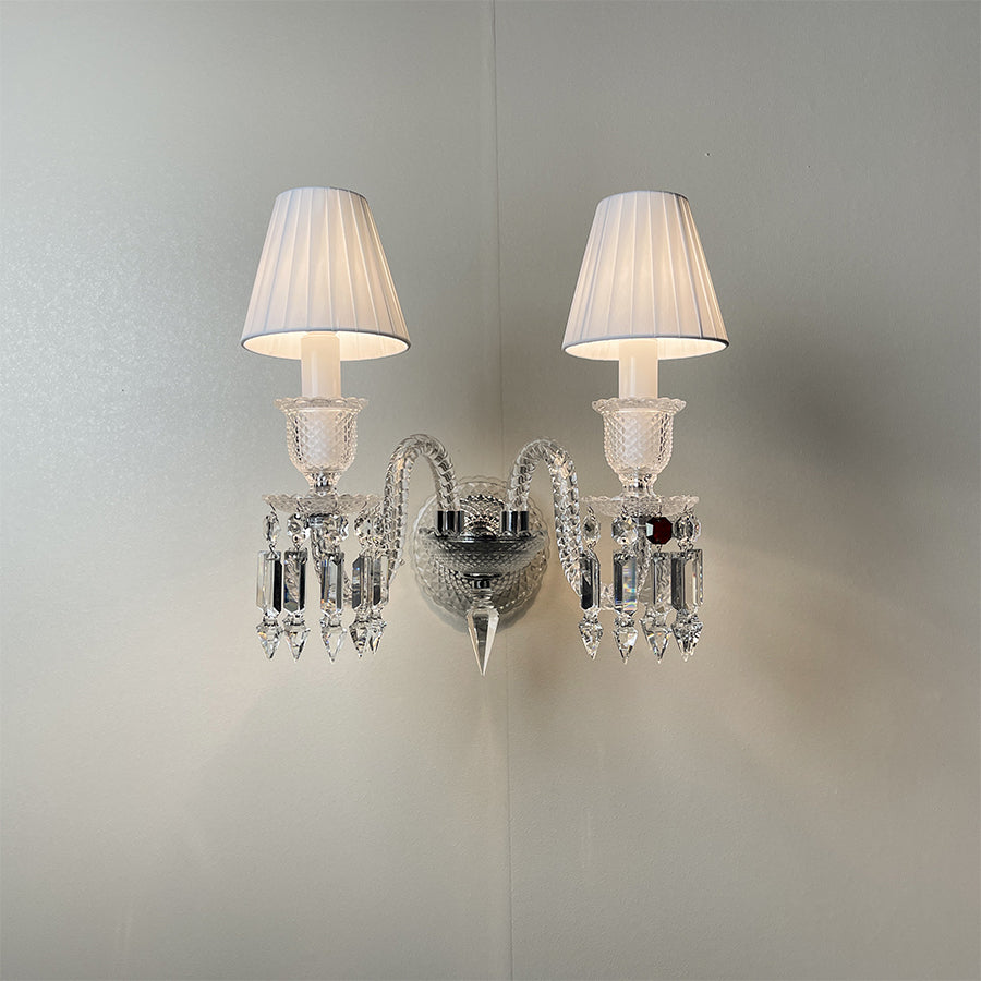 Luxury Crystal Wall Sconce with Pleated Fabric Shade – 1/2/3 Light Bedroom & Living Room Wall Light