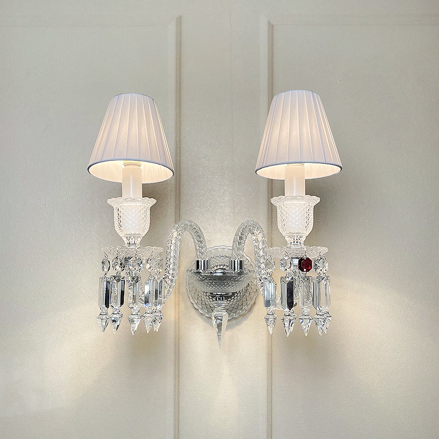 Luxury Crystal Wall Sconce with Pleated Fabric Shade – 1/2/3 Light Bedroom & Living Room Wall Light
