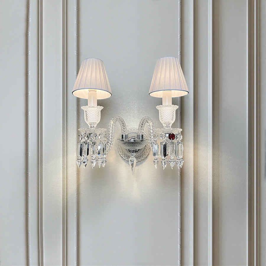 Luxury Crystal Wall Sconce with Pleated Fabric Shade – 1/2/3 Light Bedroom & Living Room Wall Light