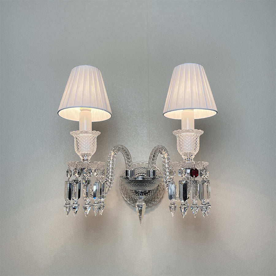 Luxury Crystal Wall Sconce with Pleated Fabric Shade – 1/2/3 Light Bedroom & Living Room Wall Light