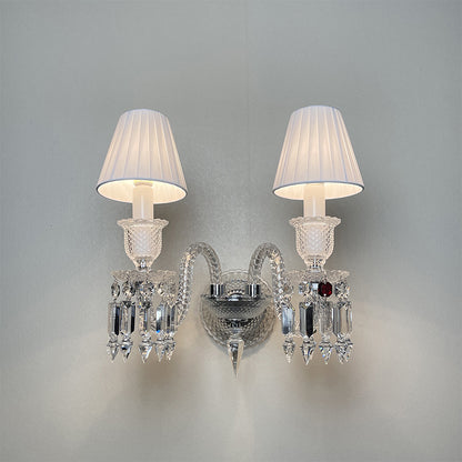 Luxury Crystal Wall Sconce with Pleated Fabric Shade – 1/2/3 Light Bedroom & Living Room Wall Light
