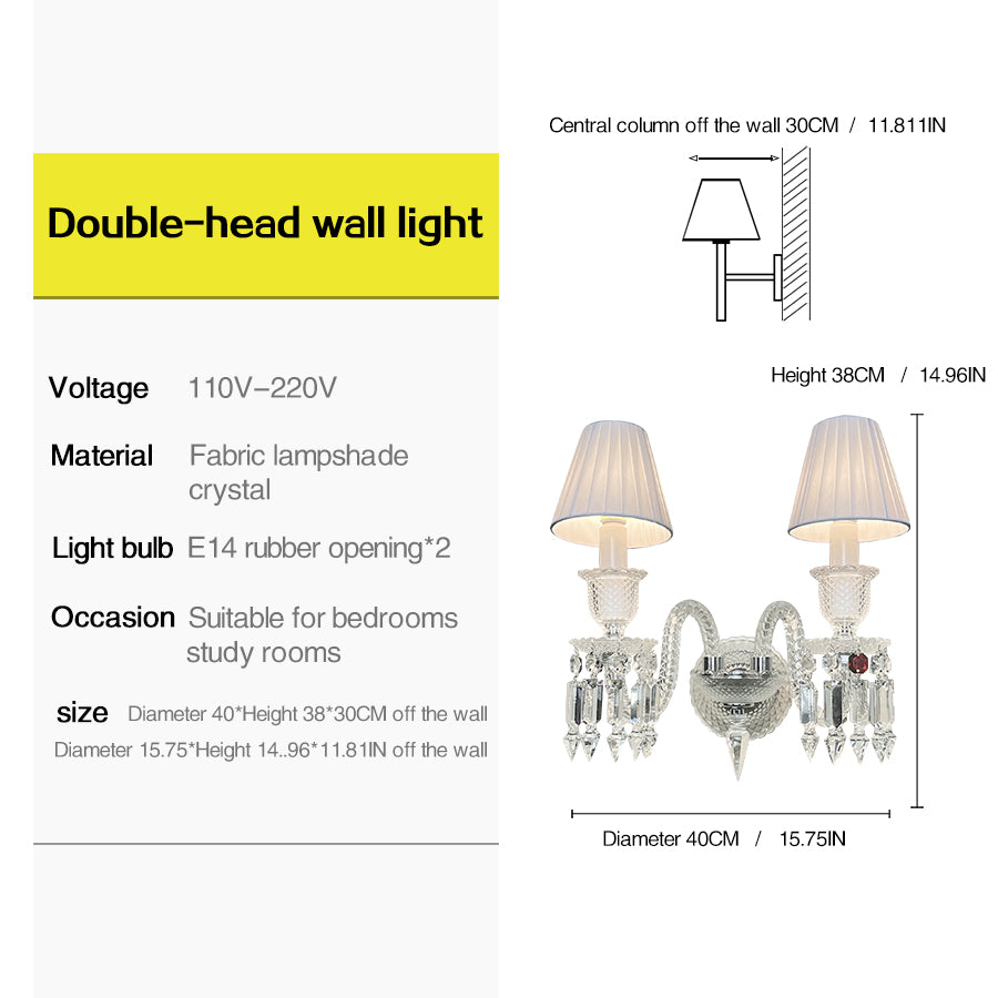 Luxury Crystal Wall Sconce with Pleated Fabric Shade – 1/2/3 Light Bedroom & Living Room Wall Light