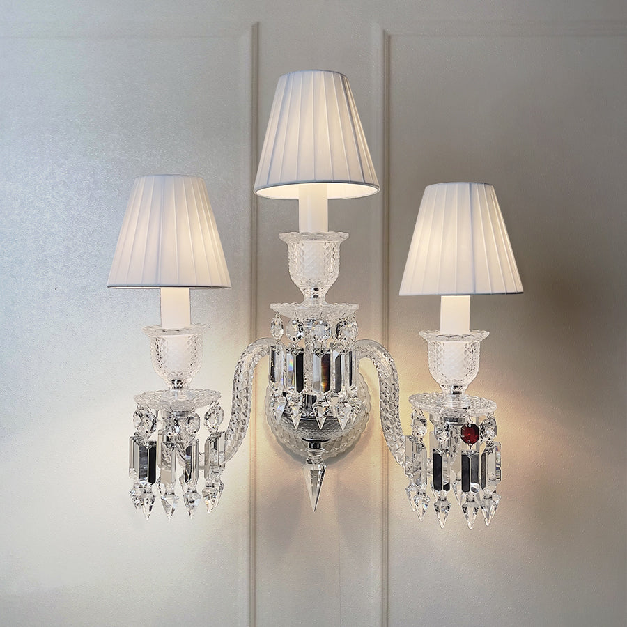 Luxury Crystal Wall Sconce with Pleated Fabric Shade – 1/2/3 Light Bedroom & Living Room Wall Light