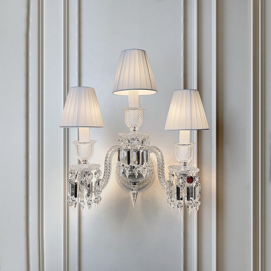 Luxury Crystal Wall Sconce with Pleated Fabric Shade – 1/2/3 Light Bedroom & Living Room Wall Light