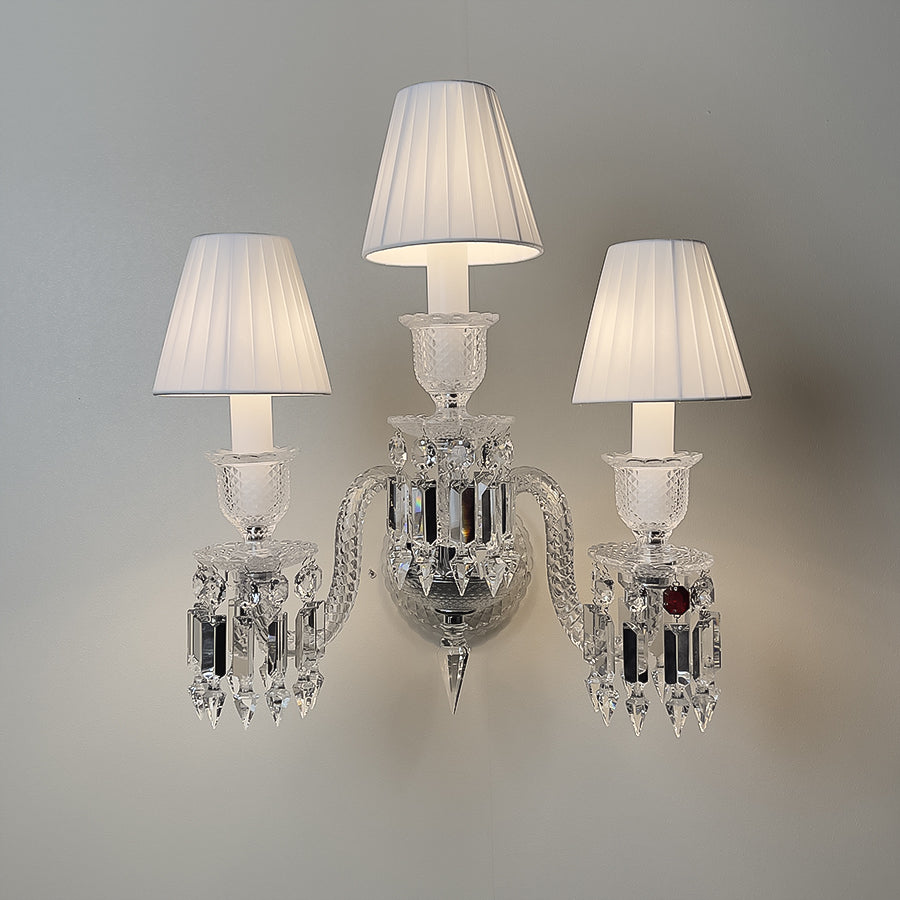 Luxury Crystal Wall Sconce with Pleated Fabric Shade – 1/2/3 Light Bedroom & Living Room Wall Light