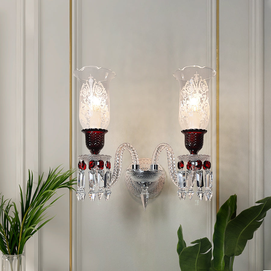 Luxury Crystal Double Wall Sconce with Textured Glass Shades