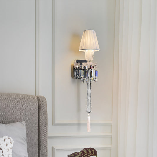 Elegant Pleated Shade Crystal Wall Sconce with Decorative Pendant