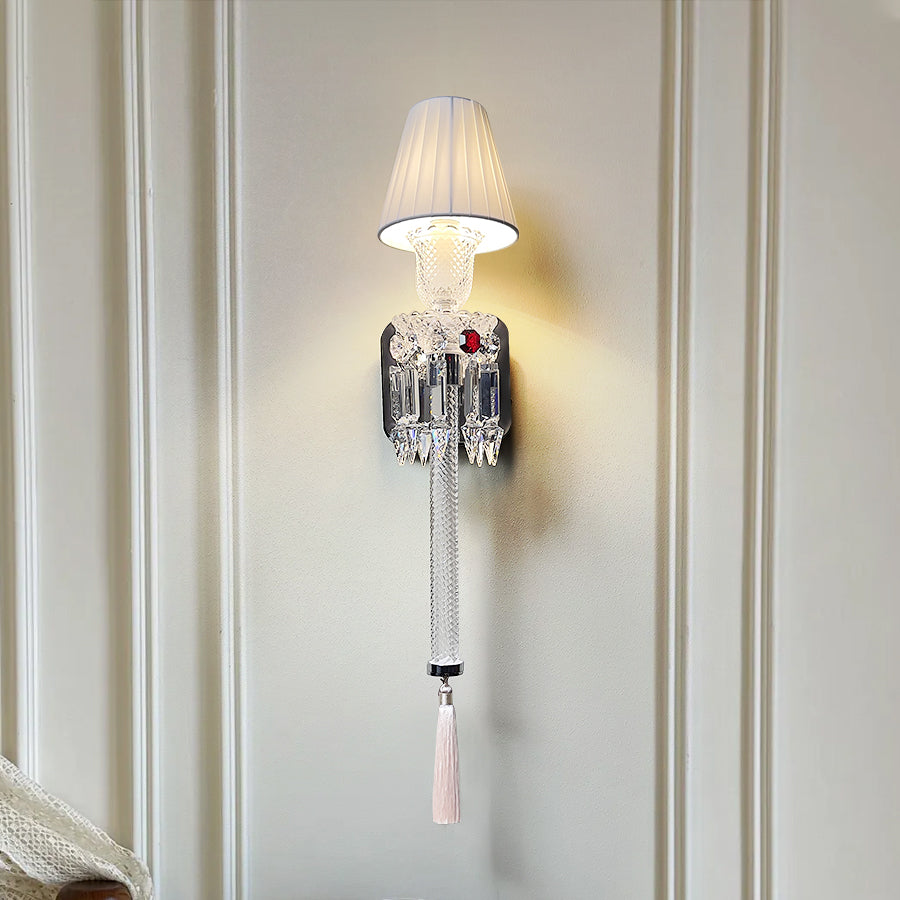 Elegant Pleated Shade Crystal Wall Sconce with Decorative Pendant