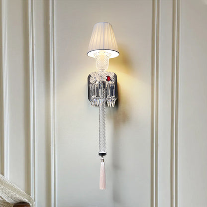 Elegant Pleated Shade Crystal Wall Sconce with Decorative Pendant