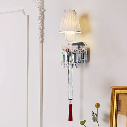 Elegant Pleated Shade Crystal Wall Sconce with Decorative Pendant