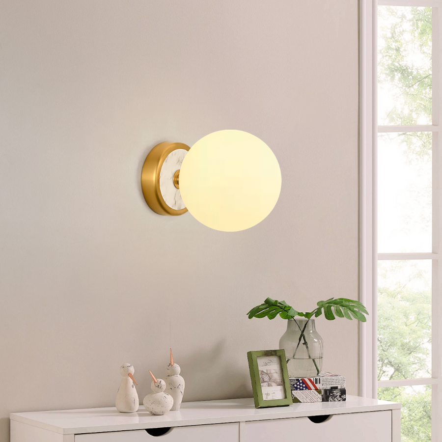 Cream White Faux Marble Glass Globe Wall Sconce for Bedroom & Living Room