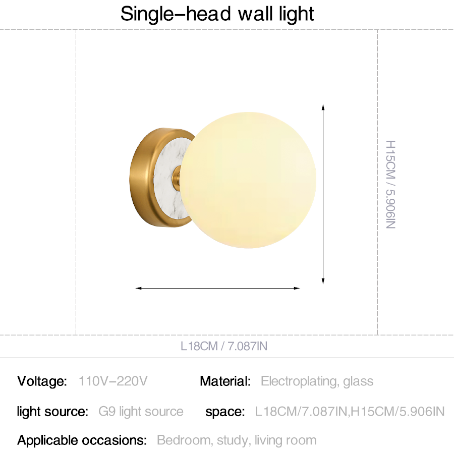 Cream White Faux Marble Glass Globe Wall Sconce for Bedroom & Living Room