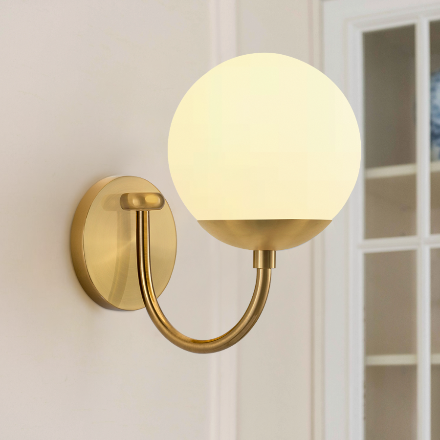 Modern Curved Arm Glass Globe Wall Sconce–1-Light, 2-Ligh for Bedroom & Living Room