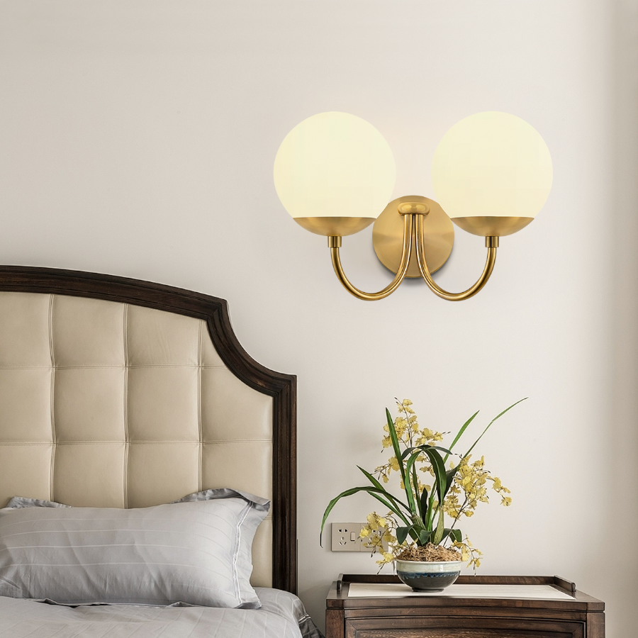 Modern Curved Arm Glass Globe Wall Sconce–1-Light, 2-Ligh for Bedroom & Living Room