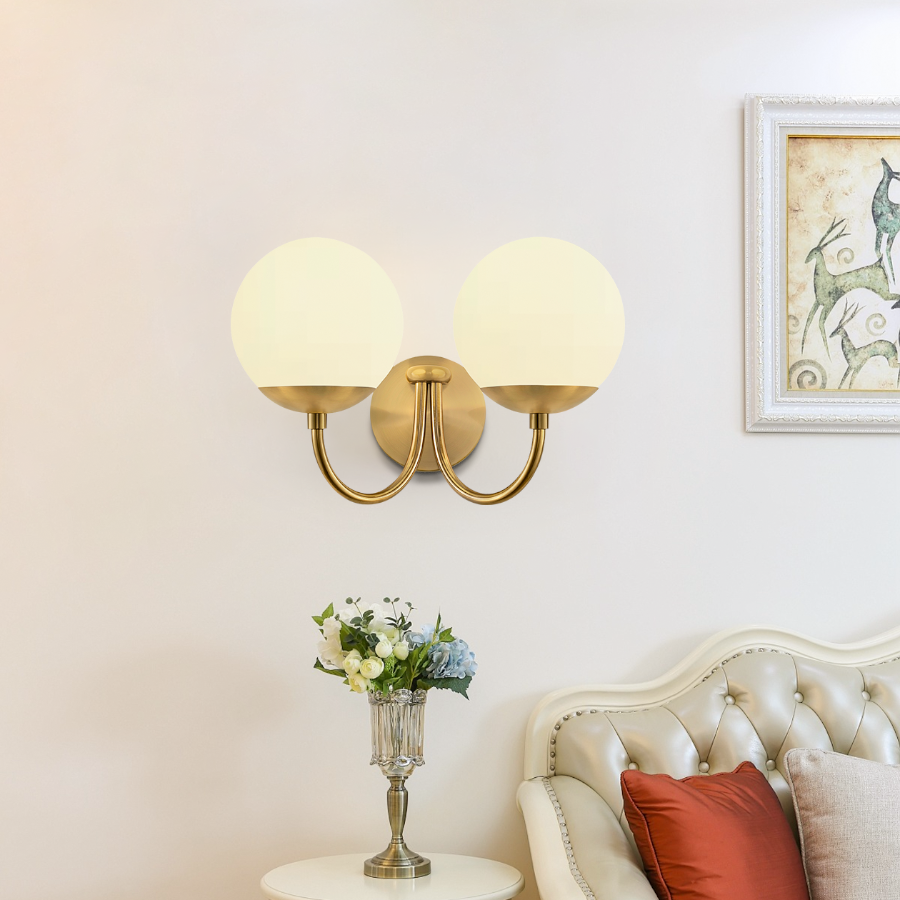 Modern Curved Arm Glass Globe Wall Sconce–1-Light, 2-Ligh for Bedroom & Living Room