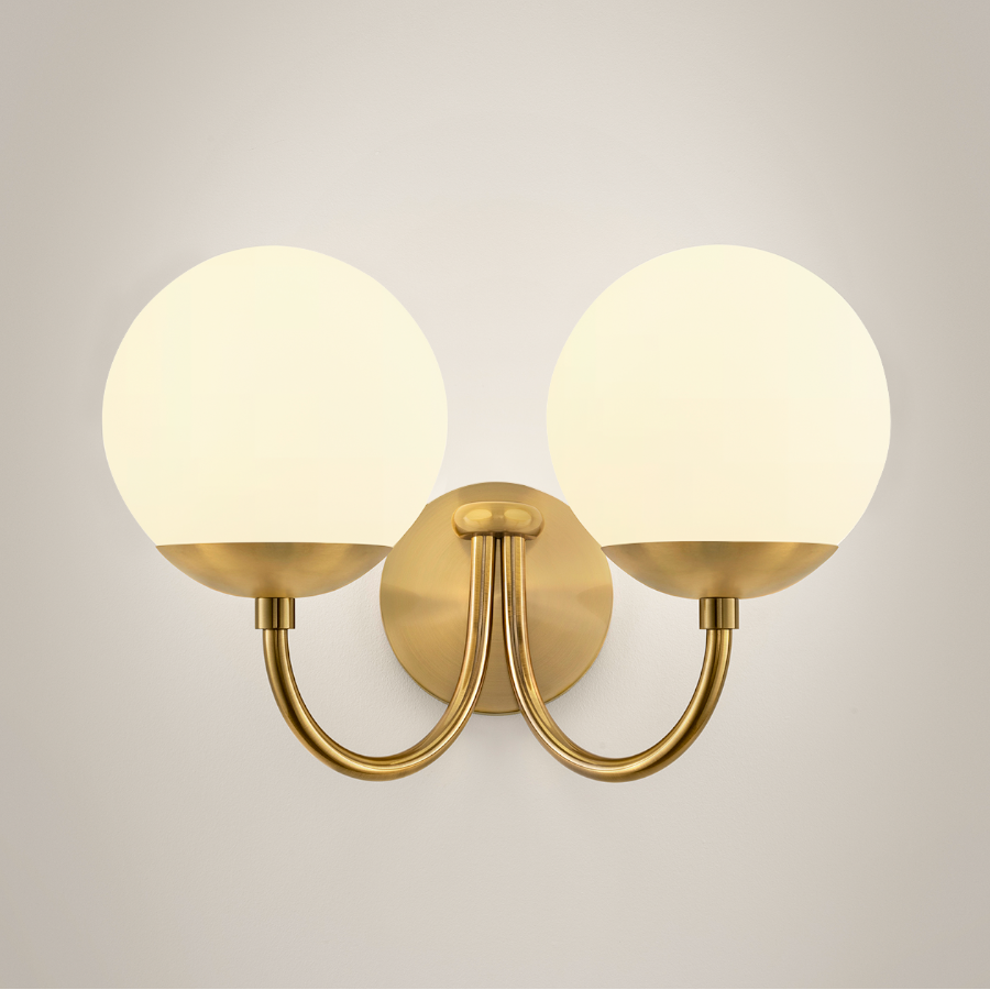 Modern Curved Arm Glass Globe Wall Sconce–1-Light, 2-Ligh for Bedroom & Living Room