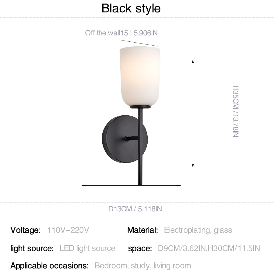 Modern Milk White Glass Wall Sconce – Gold or Black Finish  Product Description