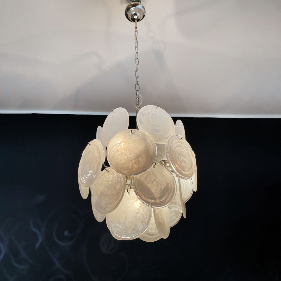 Mid-Century Vintage Glass Disc Chandelier | Handmade Round Textured Glass Pendant Light for Living Room & Dining Room