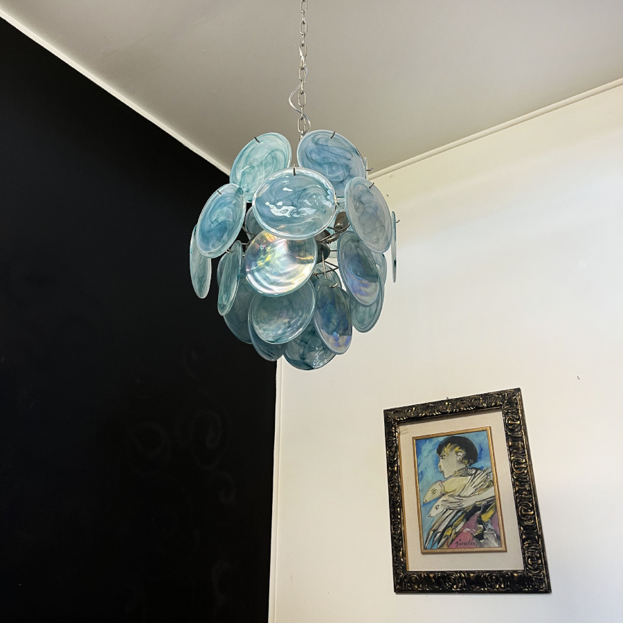 Mid-Century Vintage Glass Disc Chandelier | Handmade Round Textured Glass Pendant Light for Living Room & Dining Room