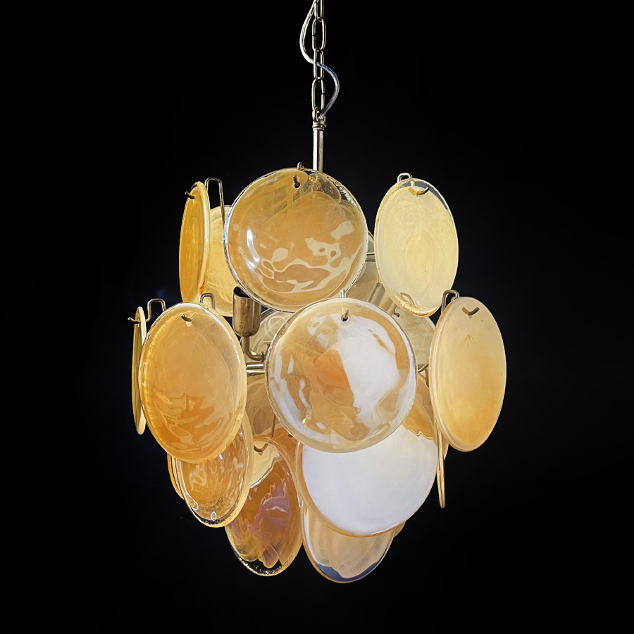 Mid-Century Vintage Glass Disc Chandelier | Handmade Round Textured Glass Pendant Light for Living Room & Dining Room