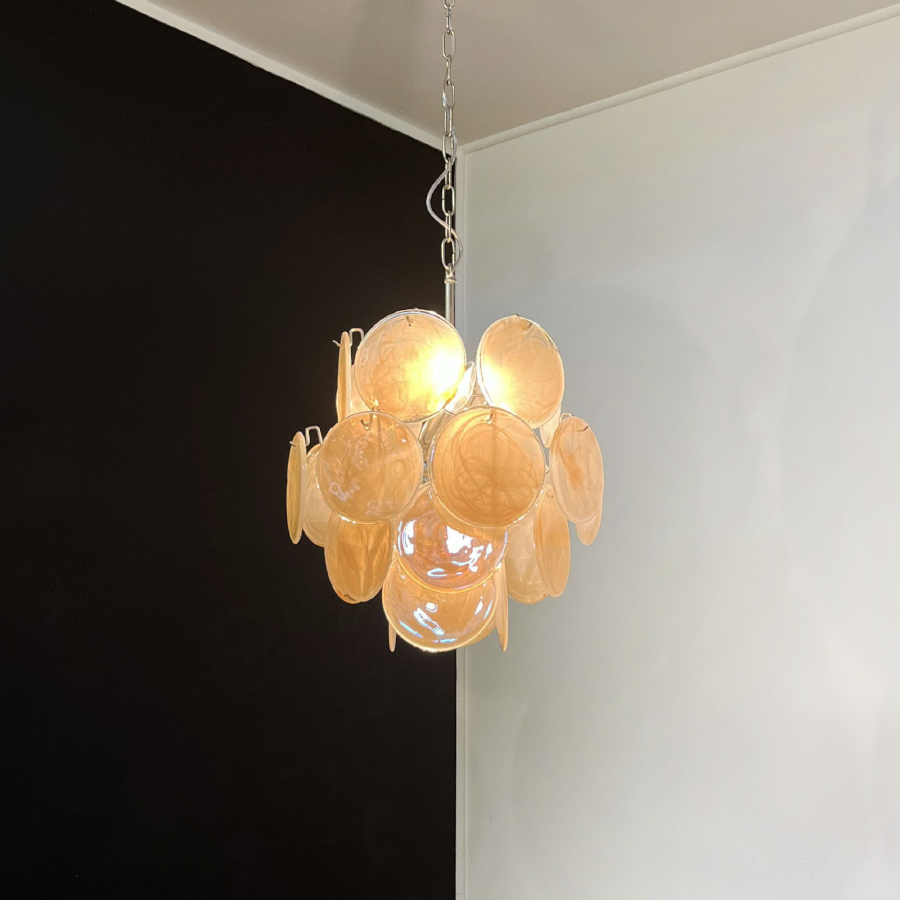 Mid-Century Vintage Glass Disc Chandelier | Handmade Round Textured Glass Pendant Light for Living Room & Dining Room