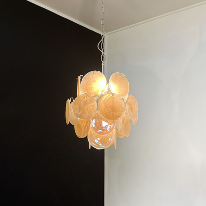 Mid-Century Vintage Glass Disc Chandelier | Handmade Round Textured Glass Pendant Light for Living Room & Dining Room
