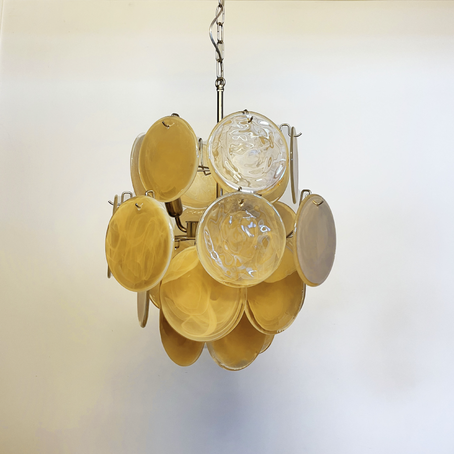Mid-Century Vintage Glass Disc Chandelier | Handmade Round Textured Glass Pendant Light for Living Room & Dining Room