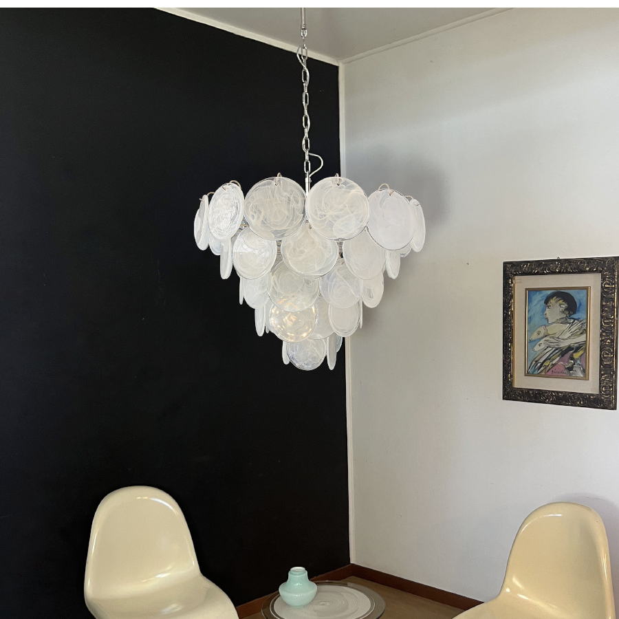 Mid-Century Vintage Glass Disc Chandelier | Handmade Round Textured Glass Pendant Light for Living Room & Dining Room
