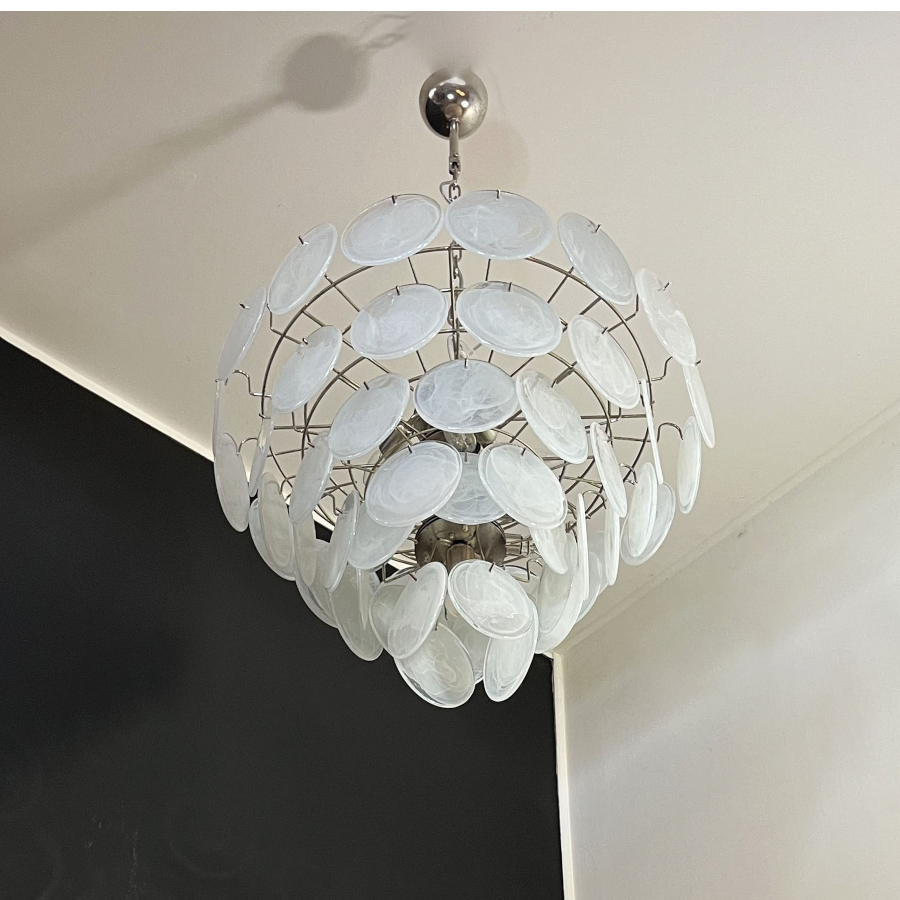 Mid-Century Vintage Glass Disc Chandelier | Handmade Round Textured Glass Pendant Light for Living Room & Dining Room