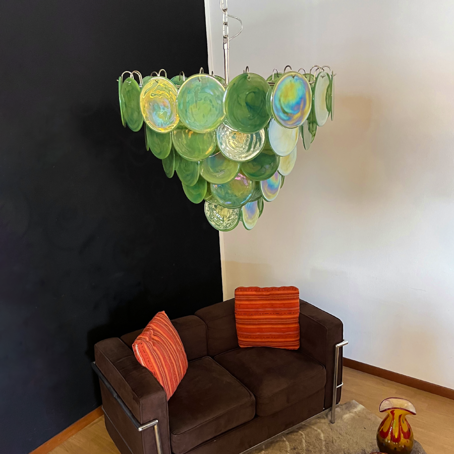 Mid-Century Vintage Glass Disc Chandelier | Handmade Round Textured Glass Pendant Light for Living Room & Dining Room
